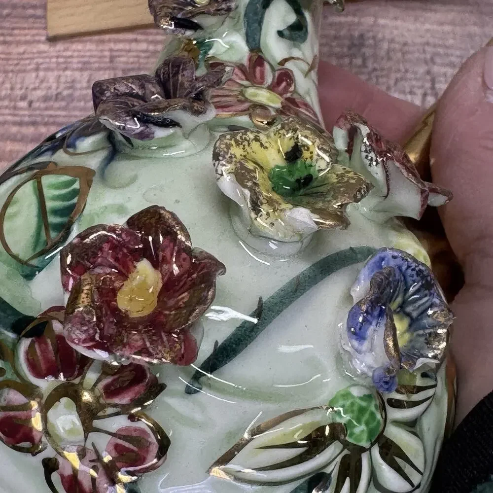 Vtg West Pac Japan‎ Porcelain Hand Painted Gold Trim Floral Relief Vase Pitcher